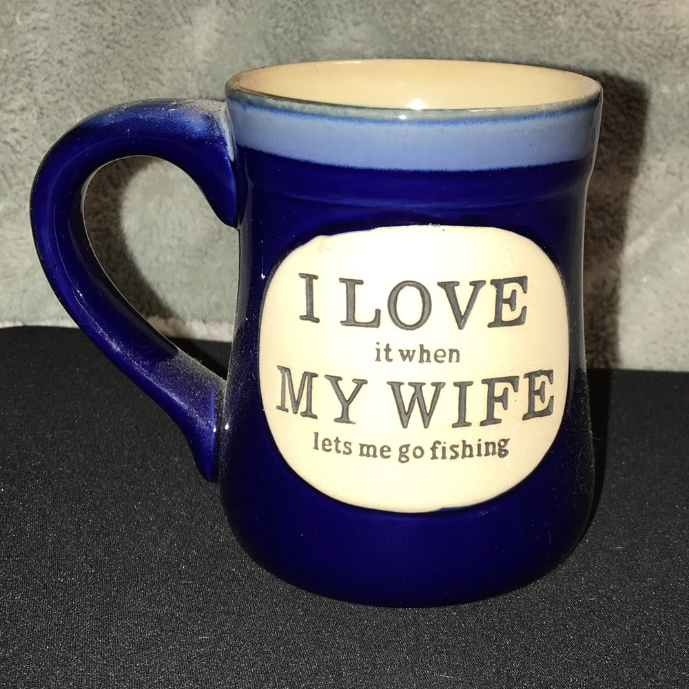 I Love My Wife -Stoneware 18 oz Fishing Coffee Cup Mug, Cobalt Blue. NWOT